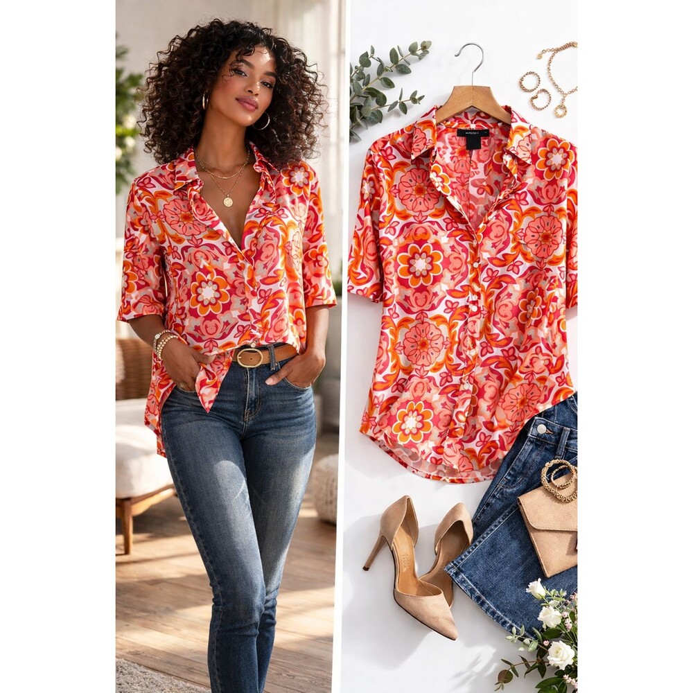New Ann Taylor Cotton Voile Shirt Top Size 10 Pink Orange Floral Short Sleeve